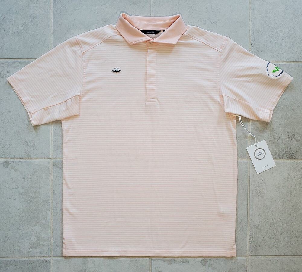 RADMOR Men's Medium Golf Polo Shirt Taylor Stripe Pale Pink Pima Stretch Logo